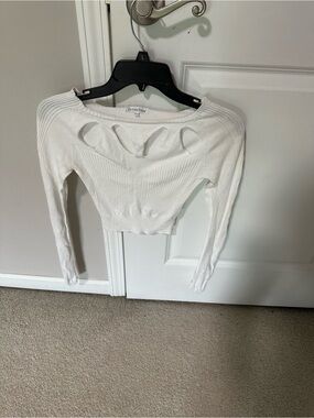 White Ribbed Cutout Long Sleeve Crop Top